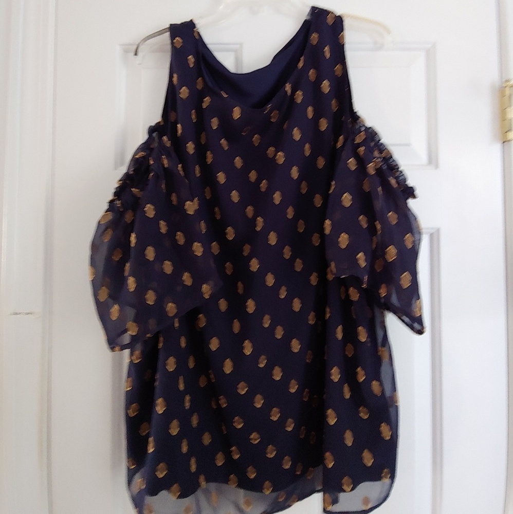 Navy & Gold Cold Shoulder Flutter Sleeve Blouse